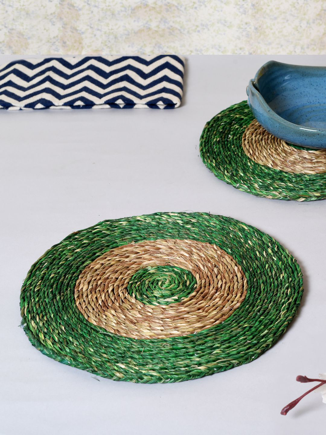 Unravel India Set of 2 Handcrafted Textured Circular Grass Coasters