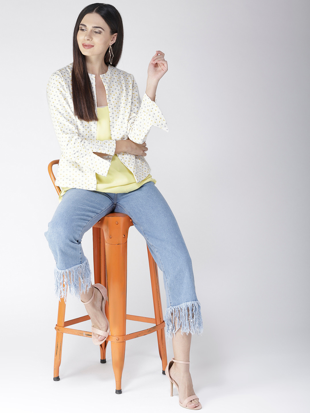 Sera Women Off-White & Yellow Front-Open Corduroy Casual Blazer