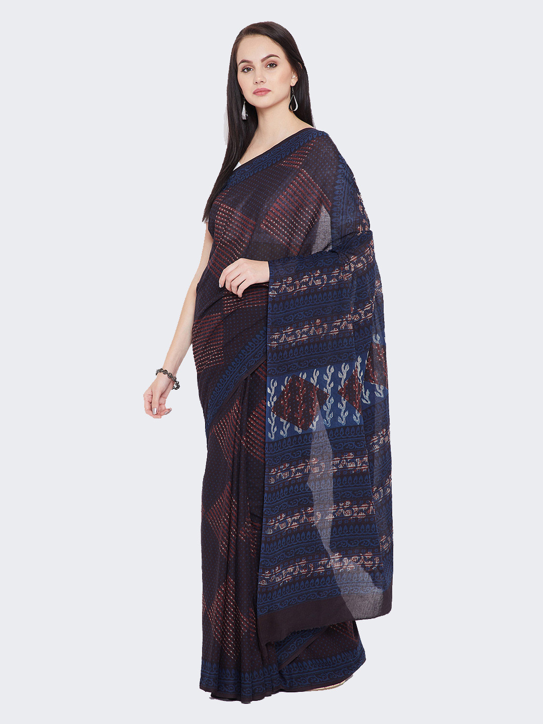 Kalakari India Blue & Red Pure Cotton Printed Bagh Sustainable Saree