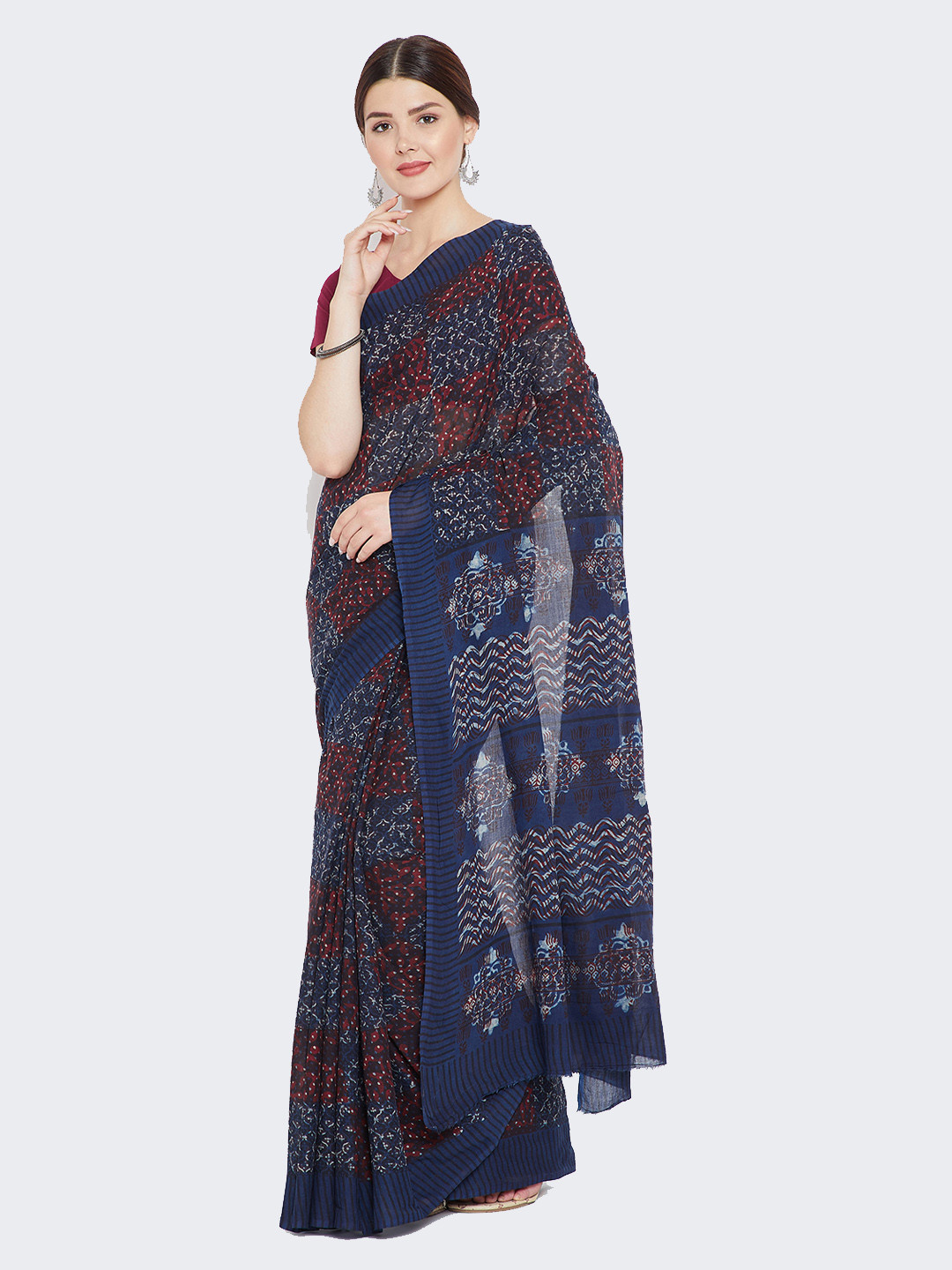 Kalakari India Blue & Red Indigo Hand Block Print Handcrafted Cotton Sustainable Saree