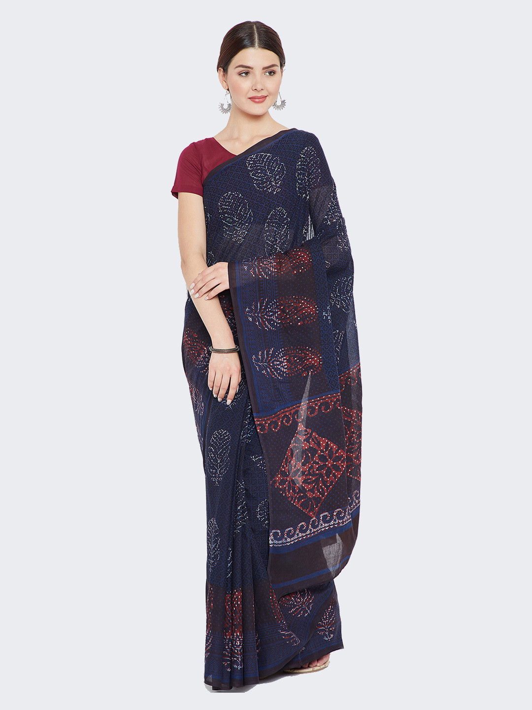 Kalakari India Blue & Red Indigo Hand Block Print Handcrafted Cotton Sustainable Saree