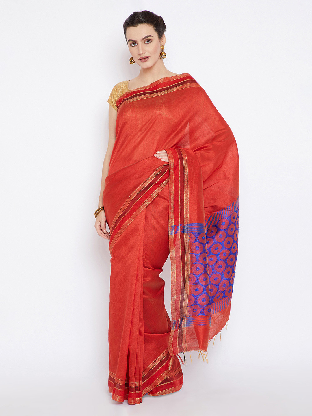 Kalakari India Red & Blue Weaved HandLoom Tussar Silk Sustainable Saree