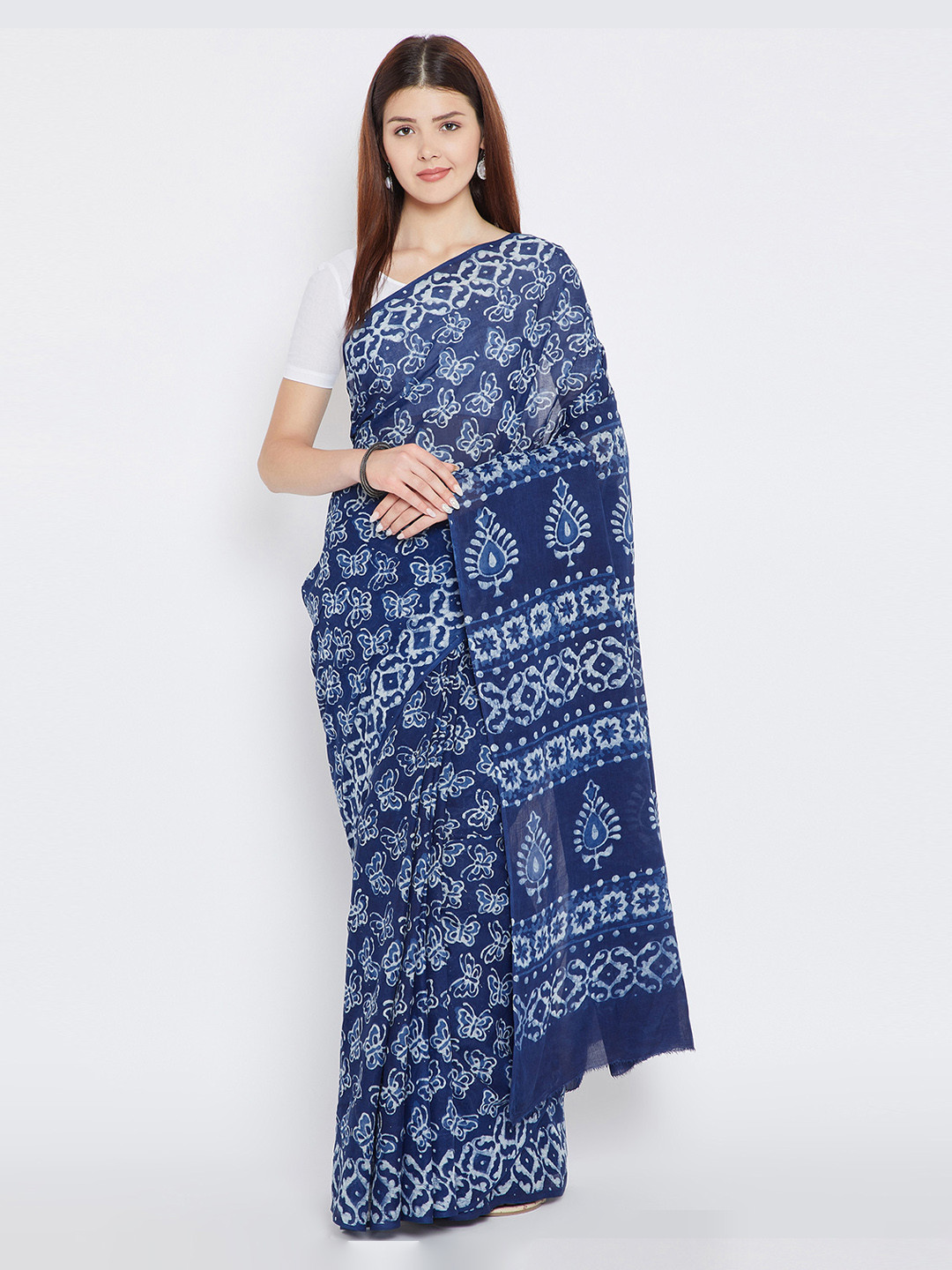 Kalakari India Blue & White Pure Cotton Printed Sustainable Saree