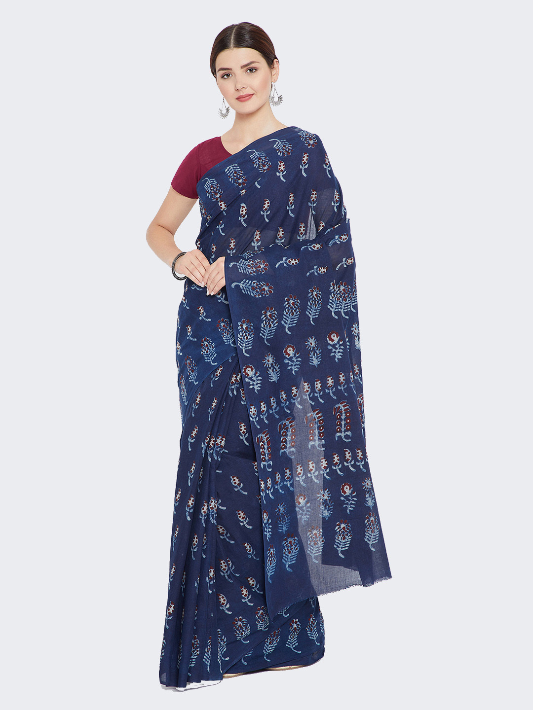 Kalakari India Blue & Red Pure Cotton Printed Bagh Sustainable Saree