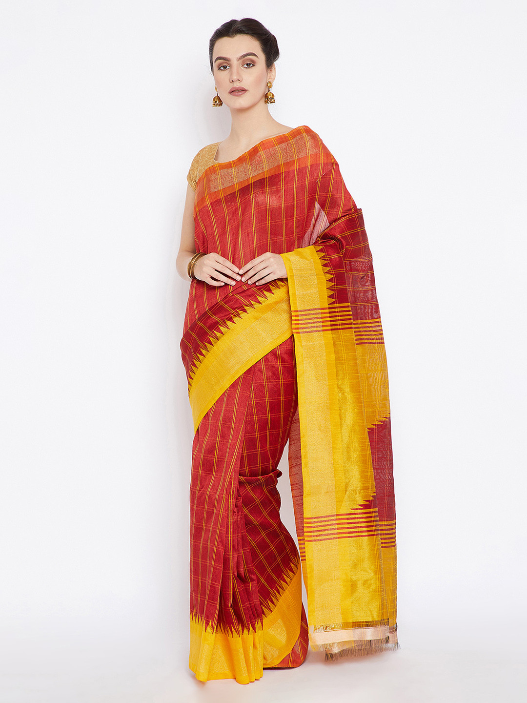 Kalakari India Red & Yellow Weaved Handloom Tussar Silk Sustainable Saree
