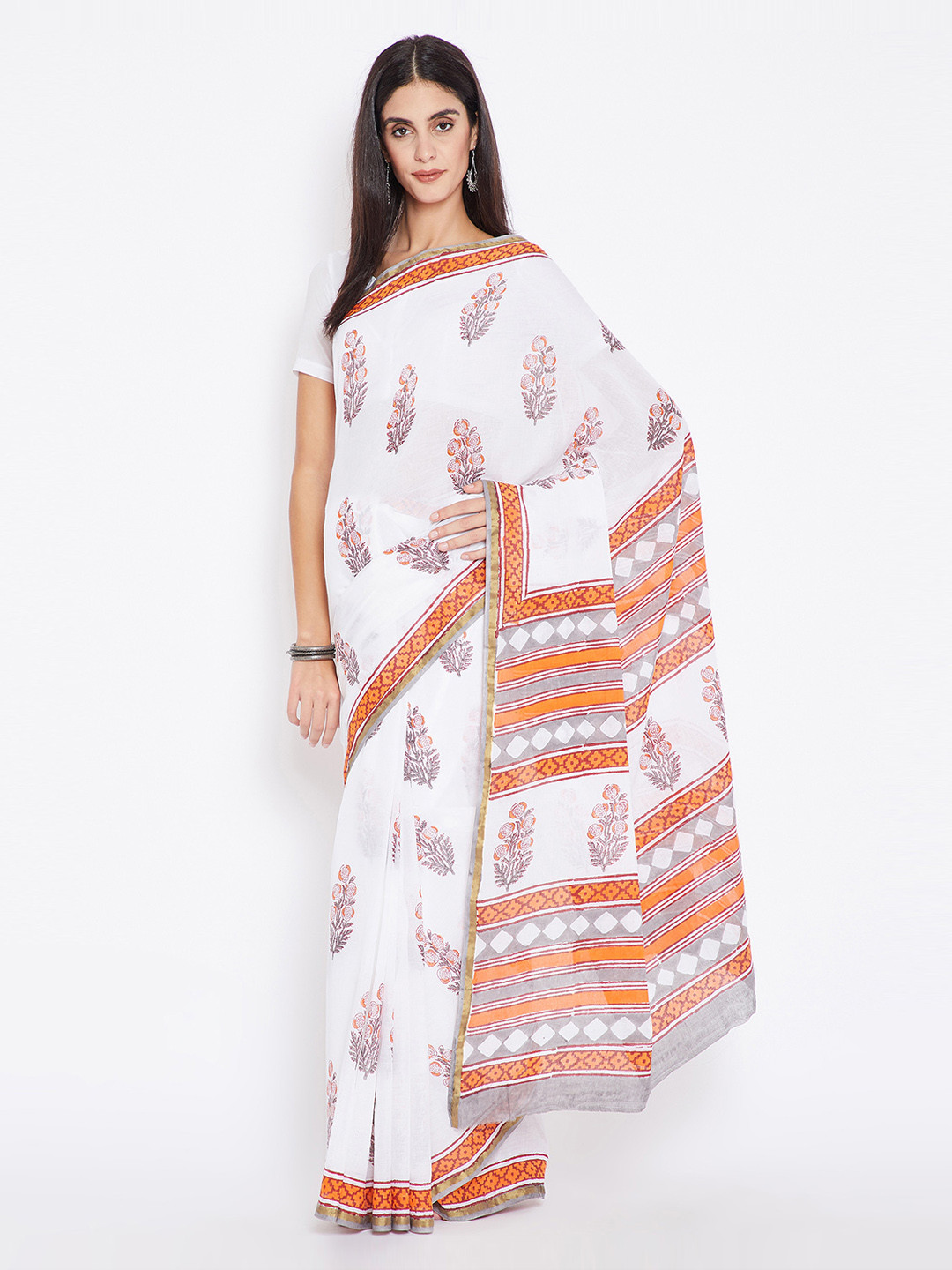 Kalakari India White & Orange Mughal Hand Block Print Handcrafted Cotton Sustainable Saree