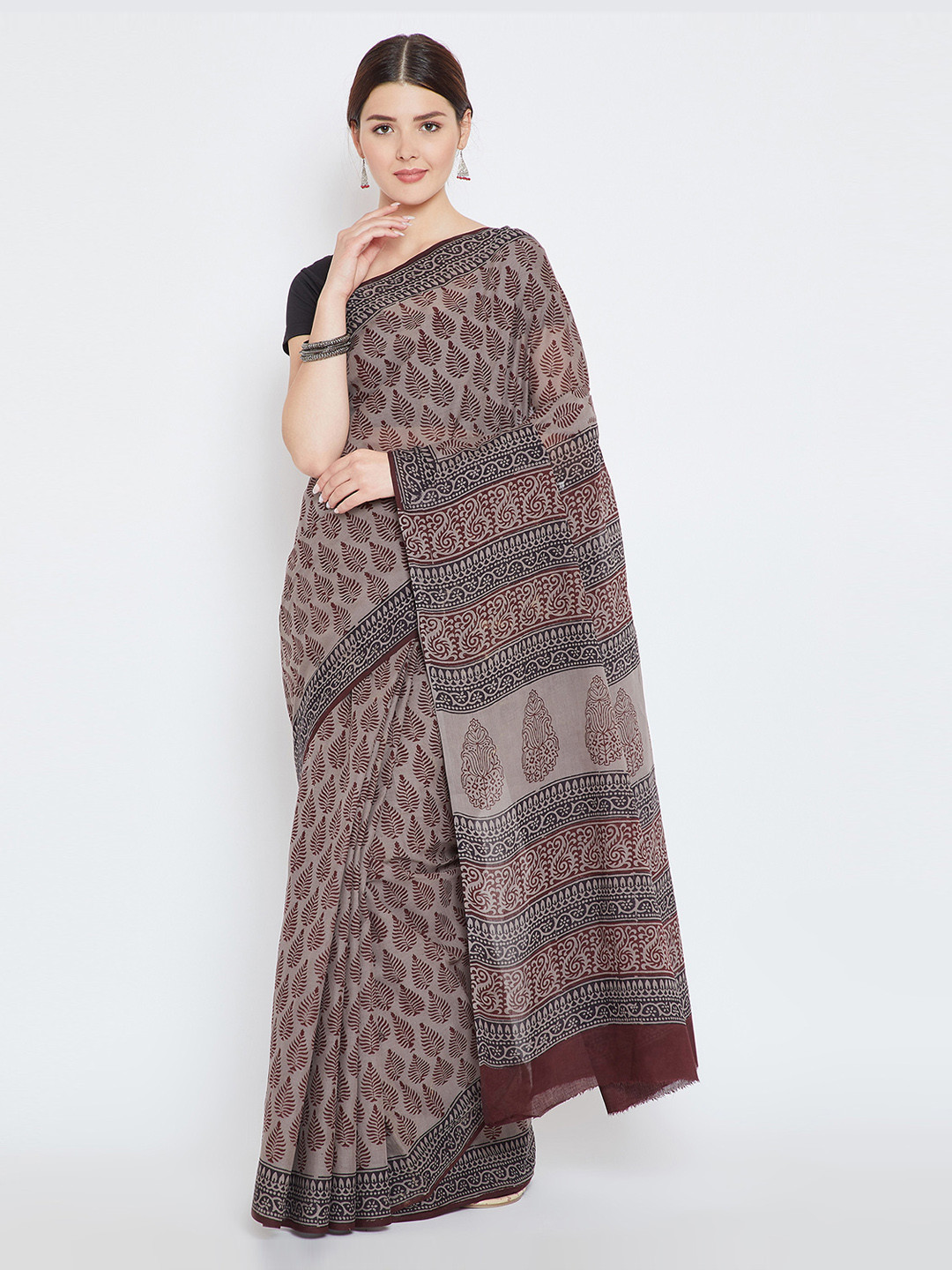 Kalakari India Tan Bagh Hand Block Print Handcrafted Cotton Saree