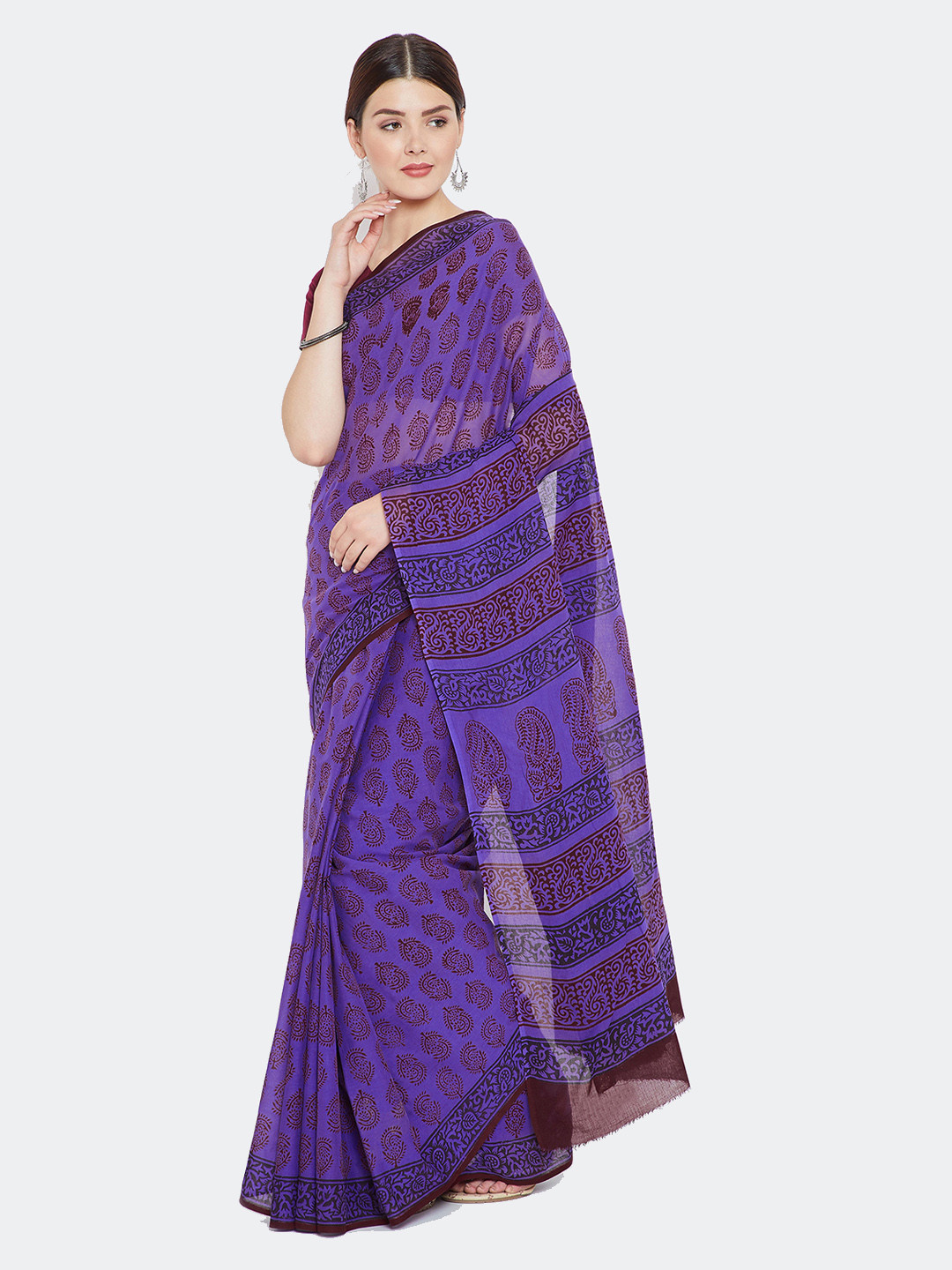 Kalakari India Purple & Red Cotton Bagh Hand Block Print Handcrafted Cotton Saree