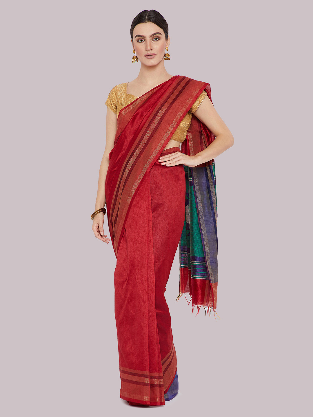 Kalakari India Red & Blue Weaved Handloom Tussar Silk Sustainable Saree