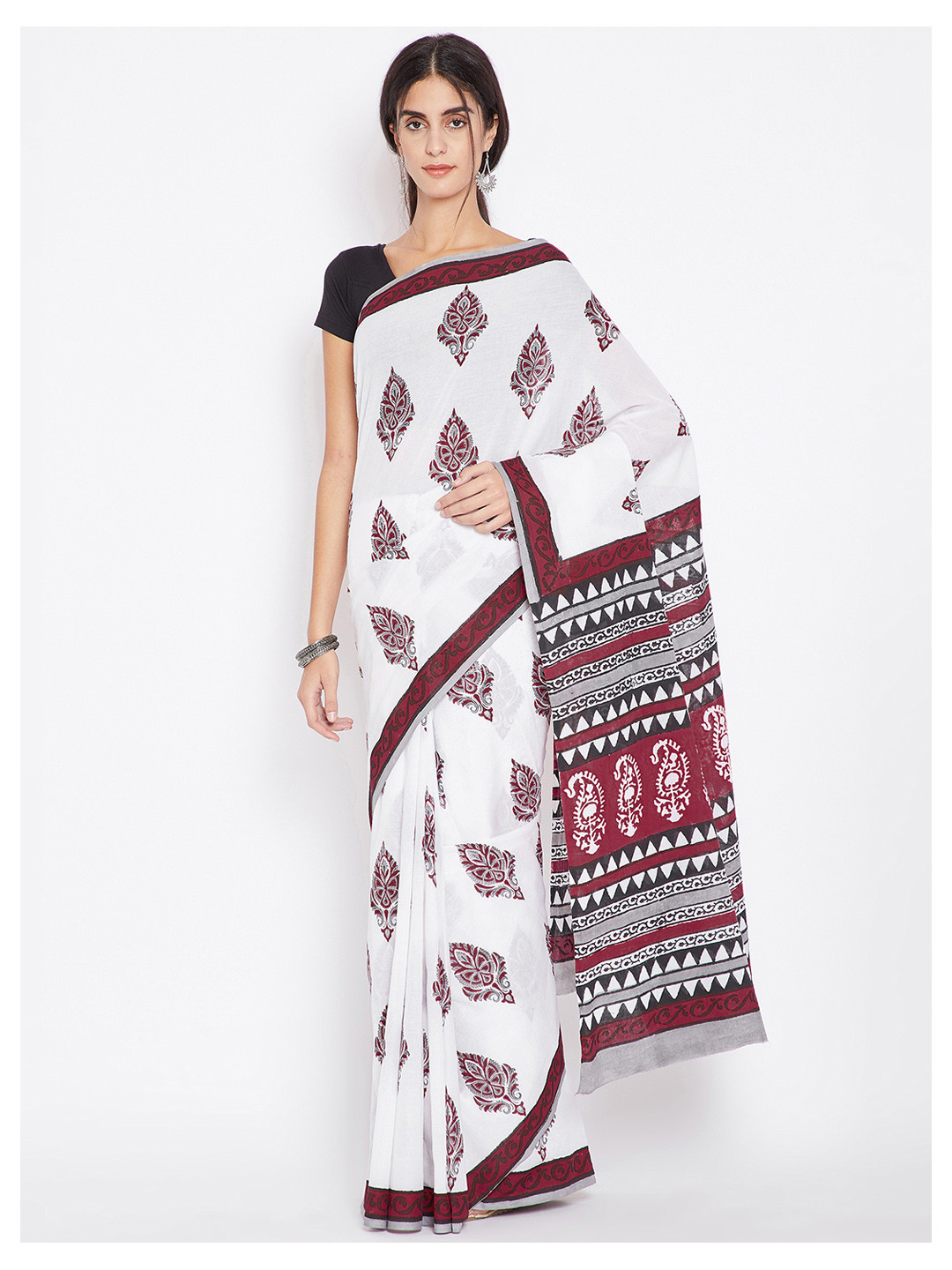 Kalakari India White & Maroon Mughal Hand Block Print Handcrafted Cotton Sustainable Saree
