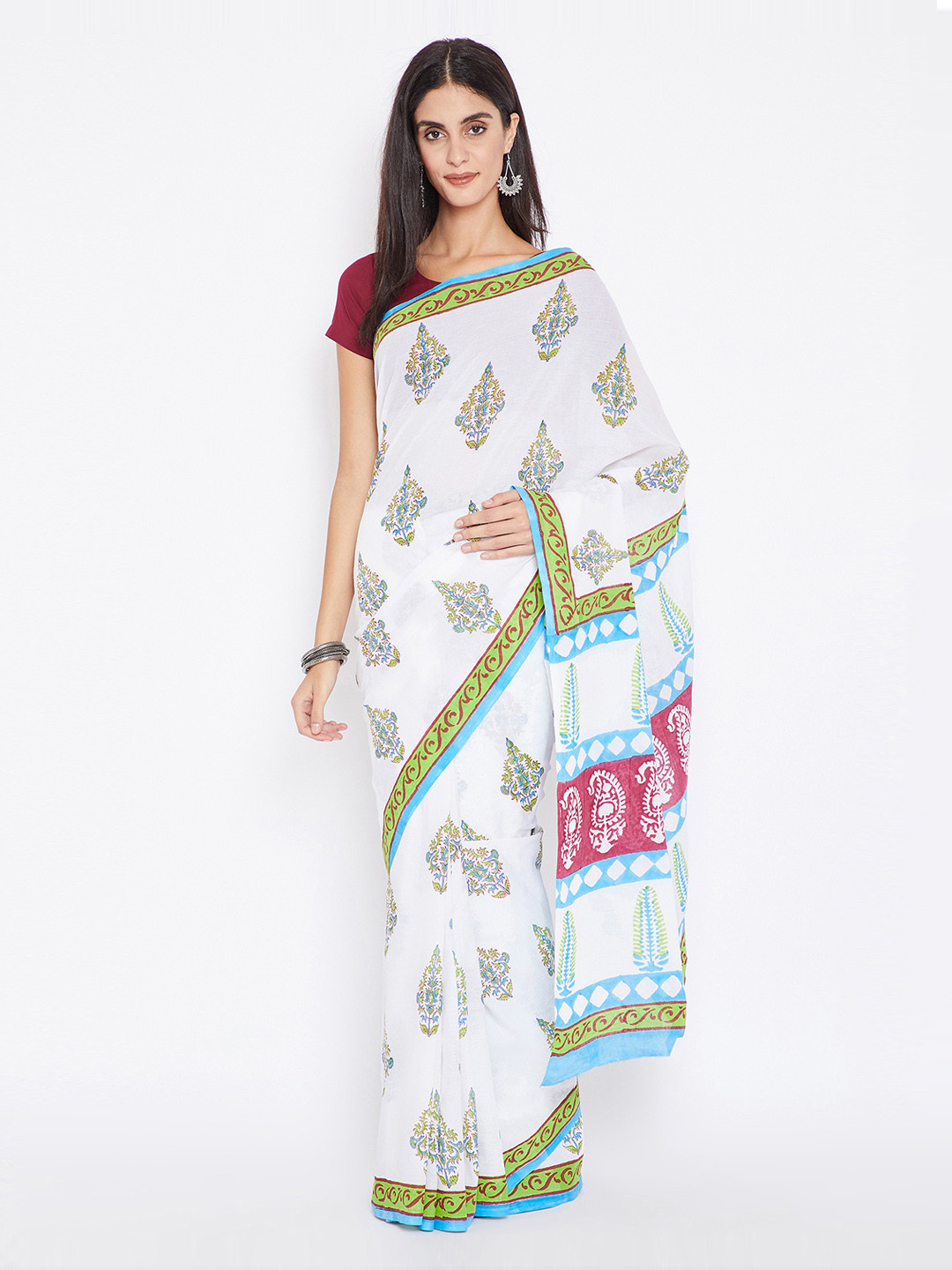 Kalakari India White & Green Mughal Hand Block Print Handcrafted Cotton Sustainable Saree