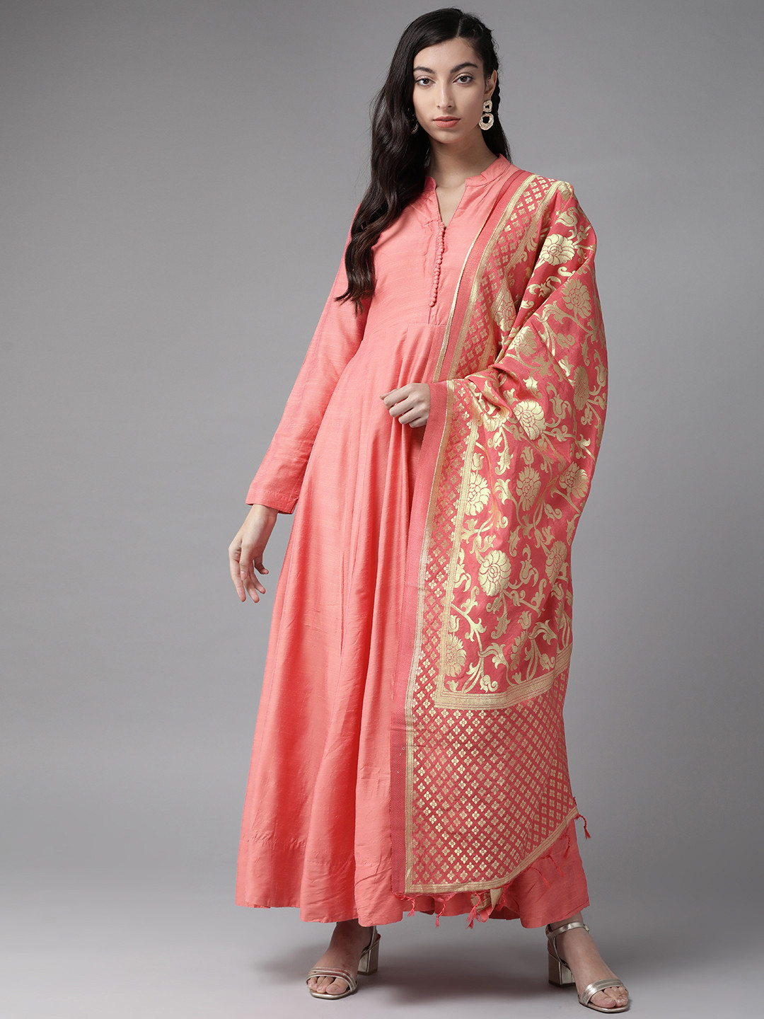 Vishudh Women Coral Pink & Golden Solid Maxi Dress with Dupatta