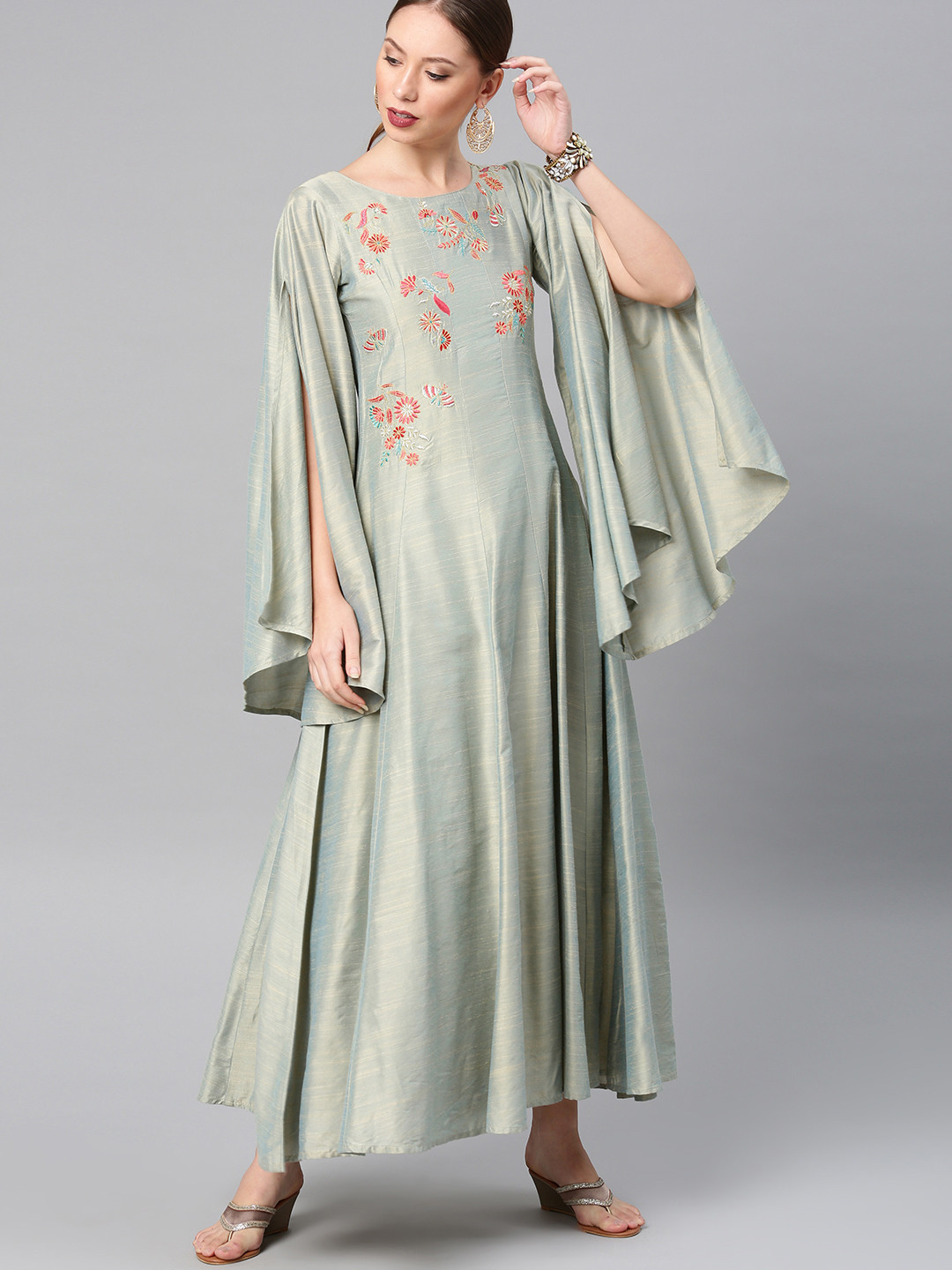 Vishudh Women Green Embroidered Maxi Dress