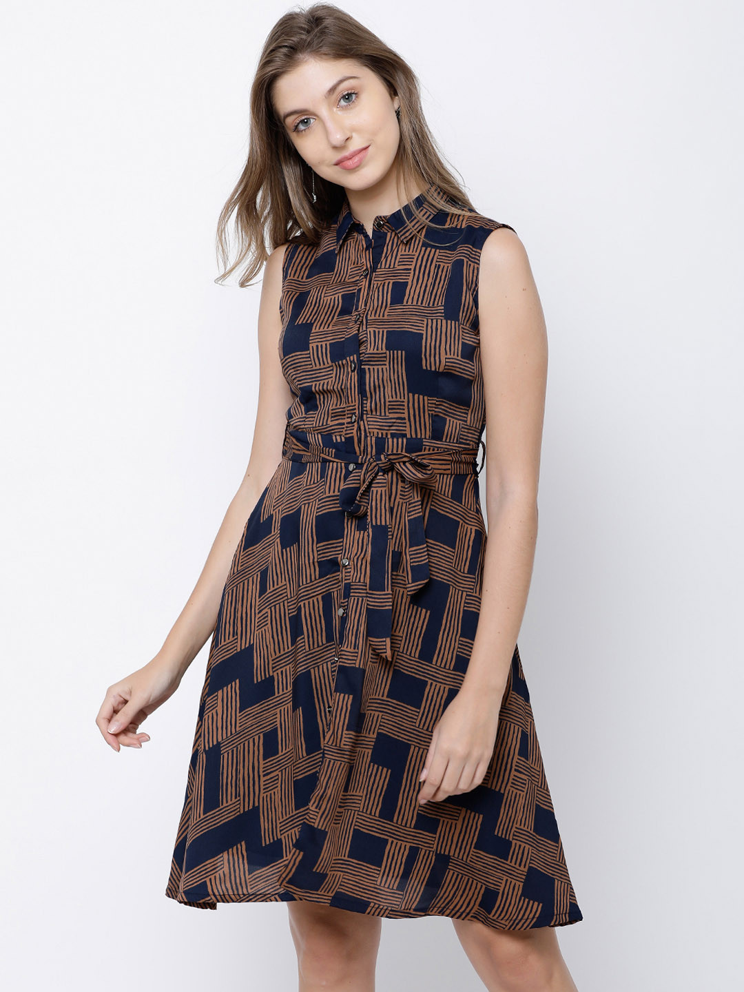 tokyo talkies navy blue printed shirt dress