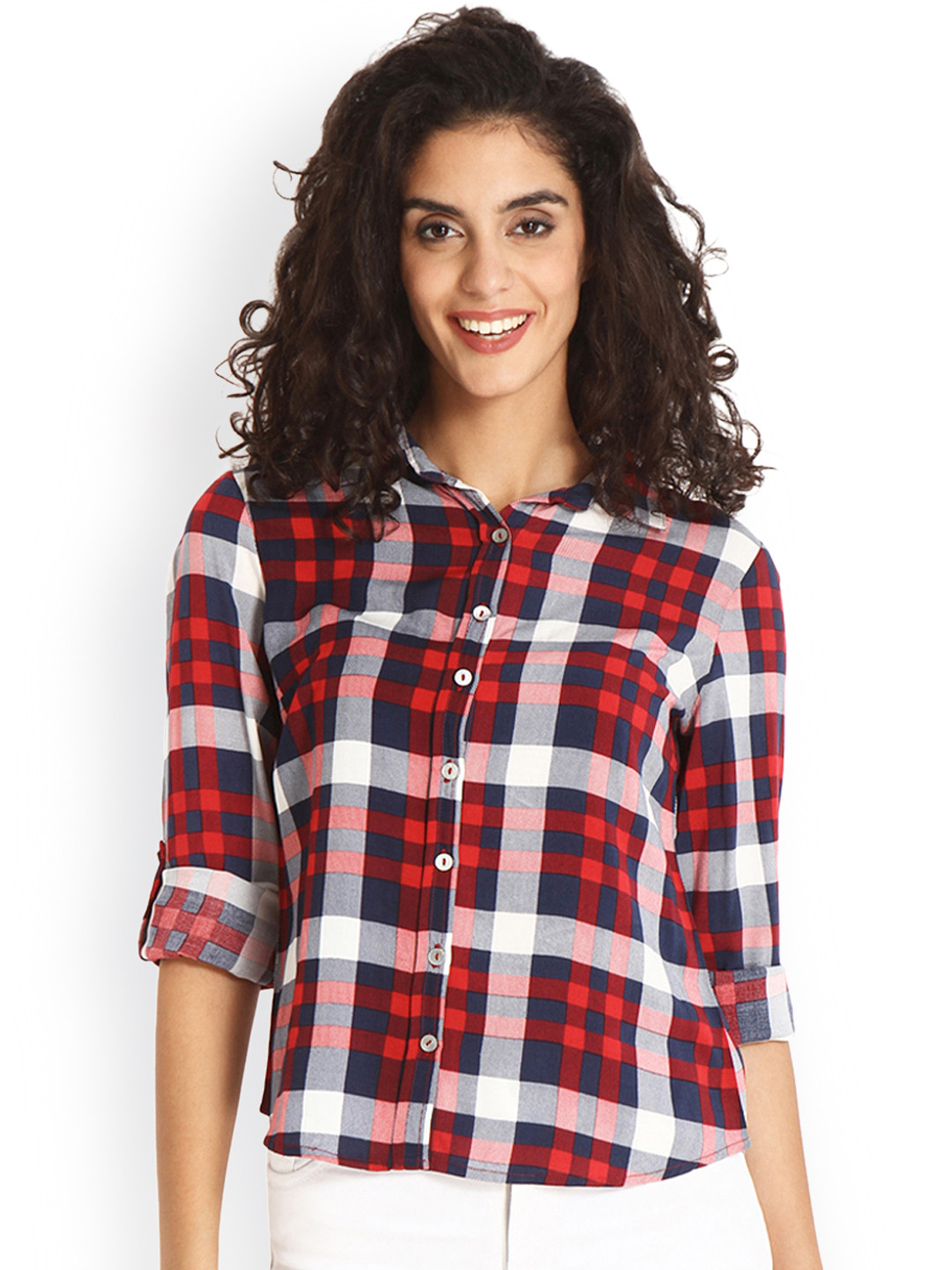 Gipsy Women Red & White Regular Fit Checked Casual Shirt
