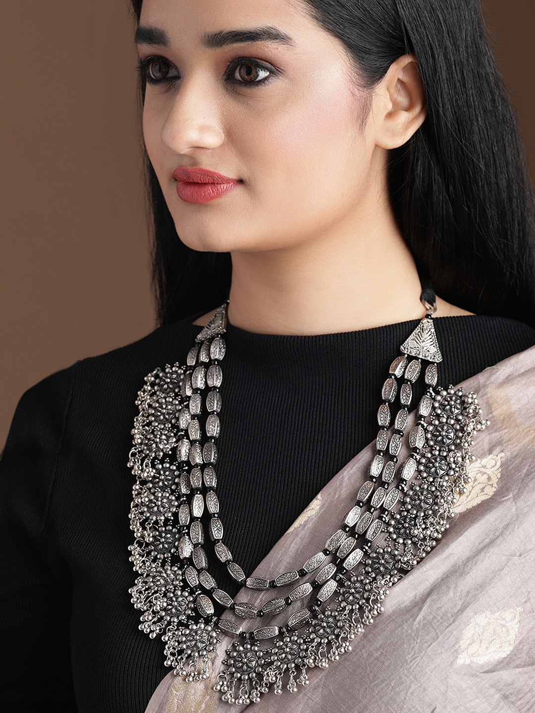 Rubans Oxidized Silver Plated Multi Layered Floral Design Ghungroo Beaded Necklace