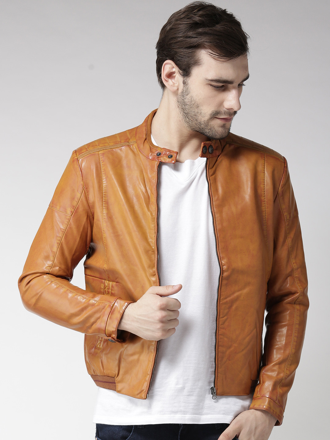 Men Brown Solid Biker Jacket - Jackets 