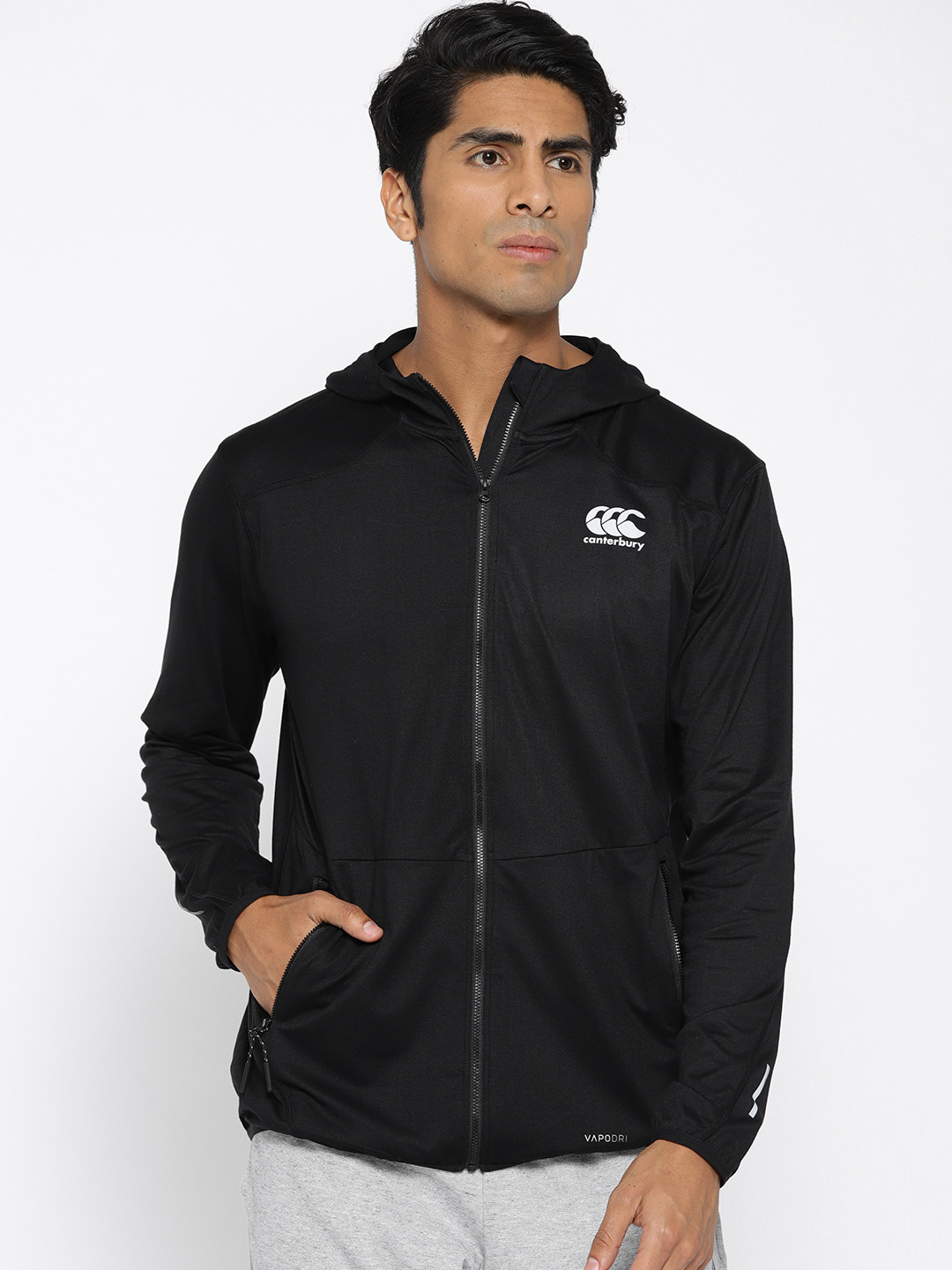 Canterbury Men Black Solid Reflective Hooded Sporty Jacket