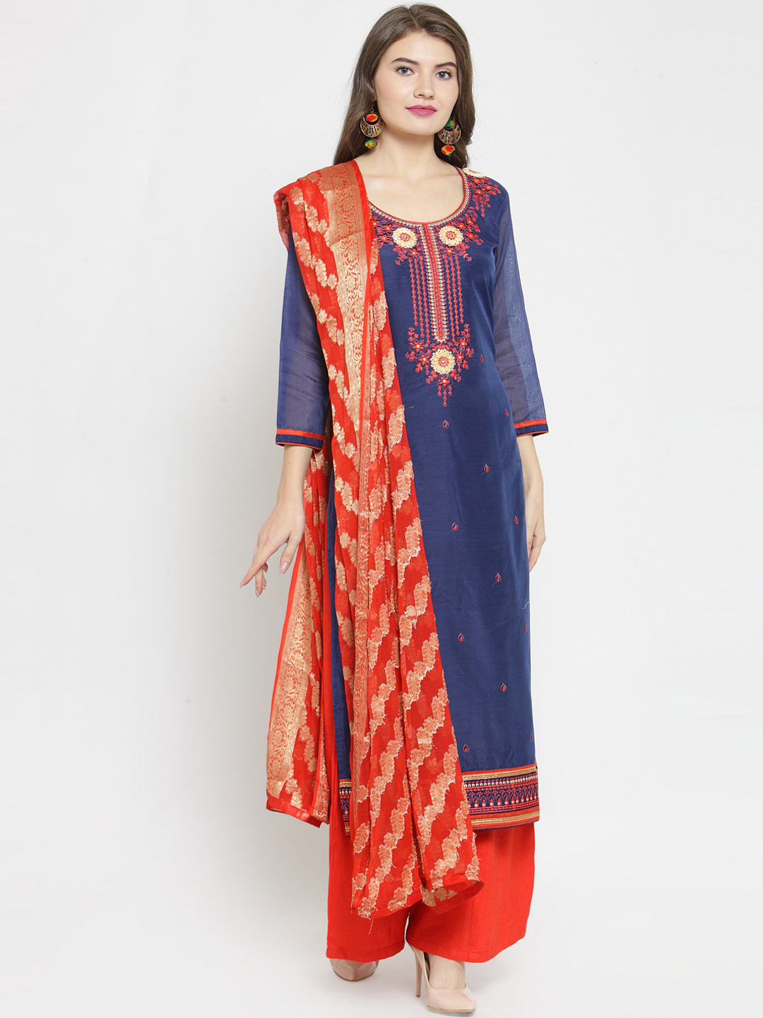 Kvsfab Navy & Red Cotton Blend Unstitched Dress Material