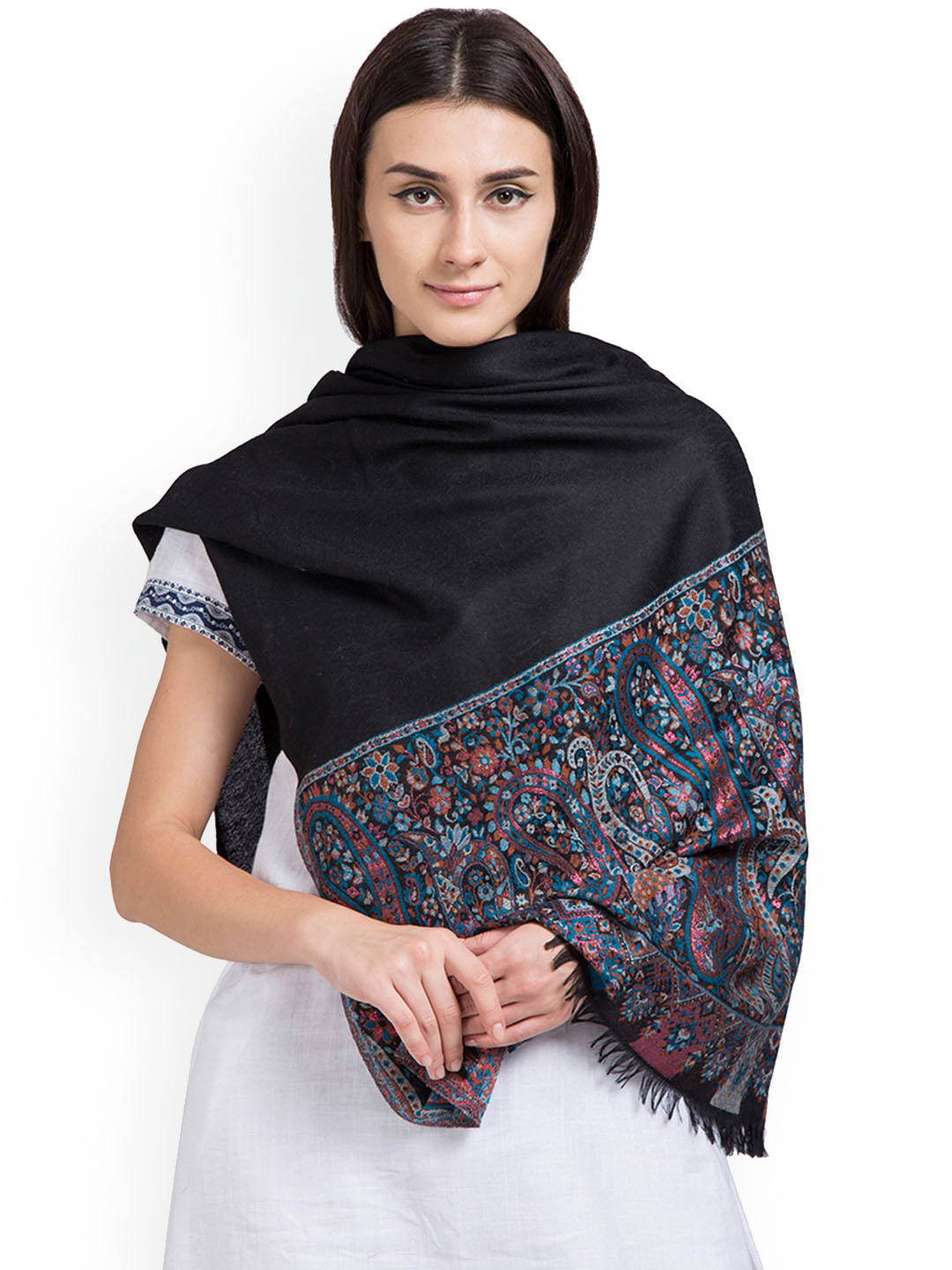 SHINGORA Women Black Printed Woollen Shawl