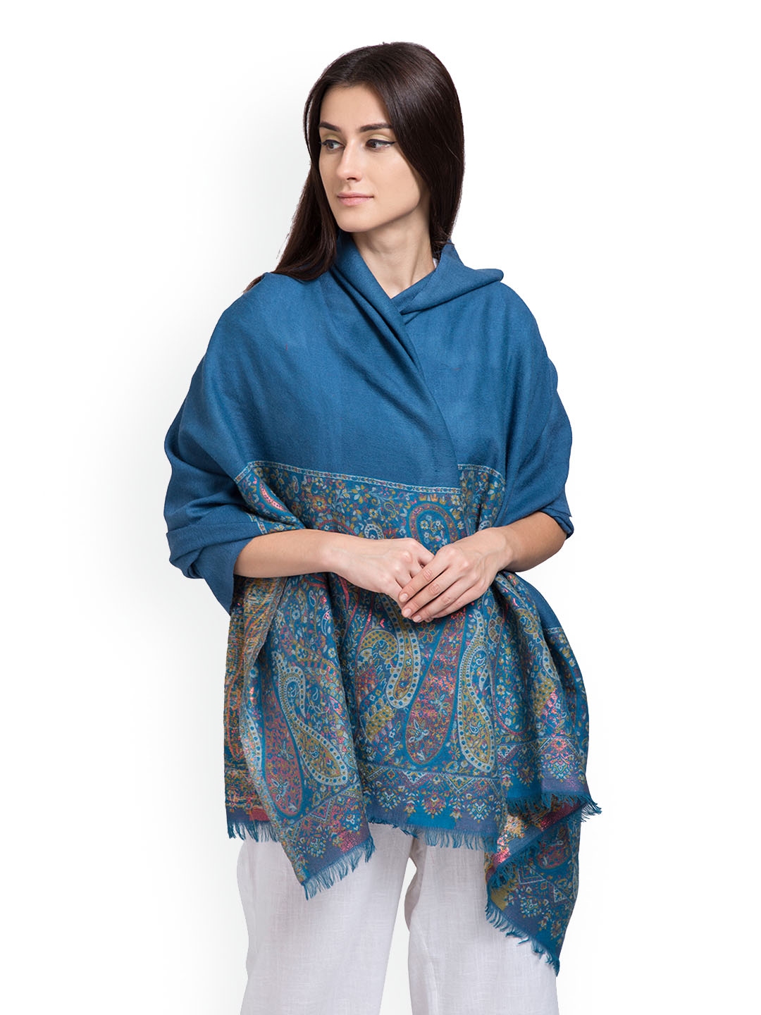 Buy SHINGORA Women Turquoise Blue Printed Woolen Shawl Shawl for
