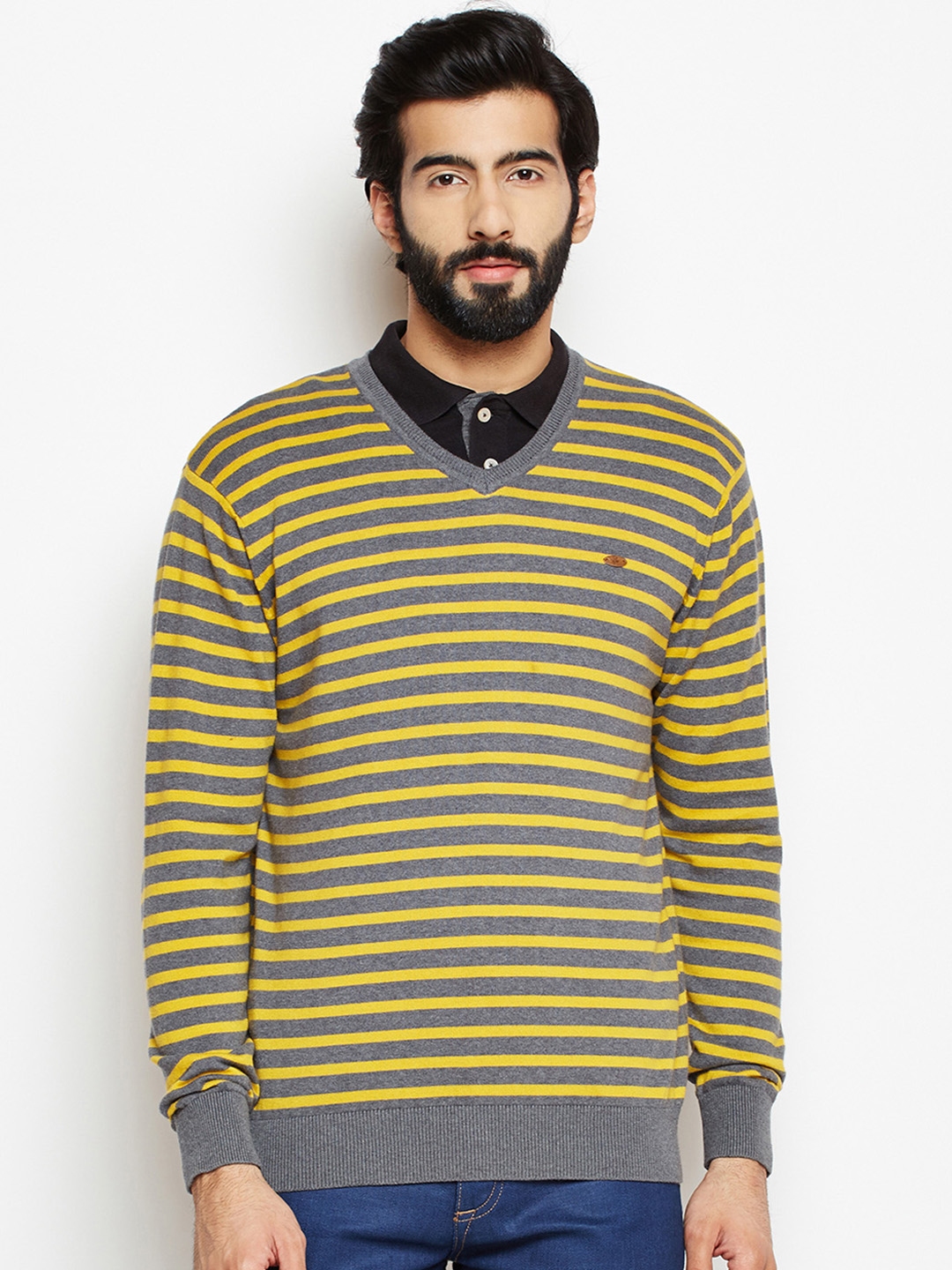 Buy Crimsoune Club Men Yellow & Grey Melange Striped Pullover - Sweaters  for Men 7588665