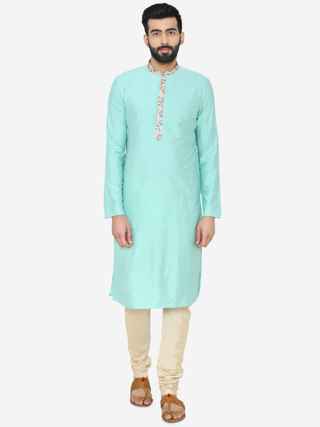 Manu Men Turquoise Blue Solid Kurta & Churidar with Cream Nehru Jacket