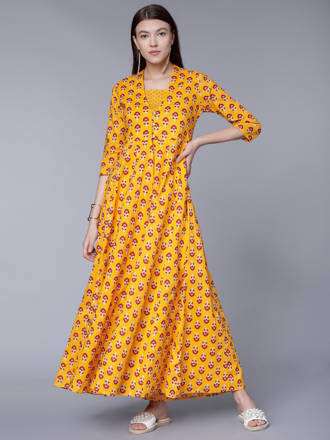 Vishudh Women Yellow Printed Maxi Dress with Anarkali Jacket