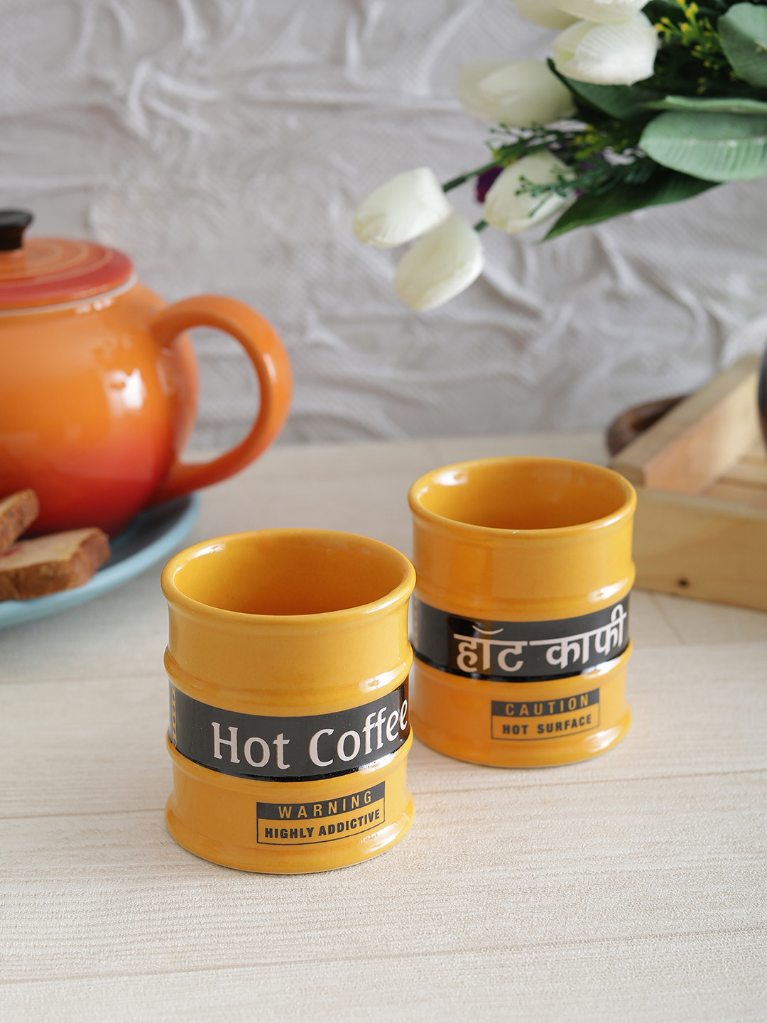 EK DO DHAI Weaver Love Yellow Typography Ceramic Microwave Safe 2 Piece Cups-300ml