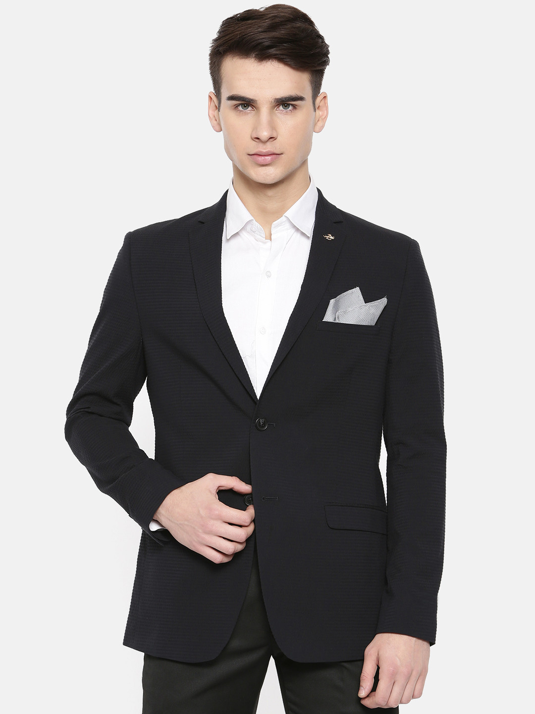 Theme Navy Self-Design Single-Breasted Fitted Formal Blazer