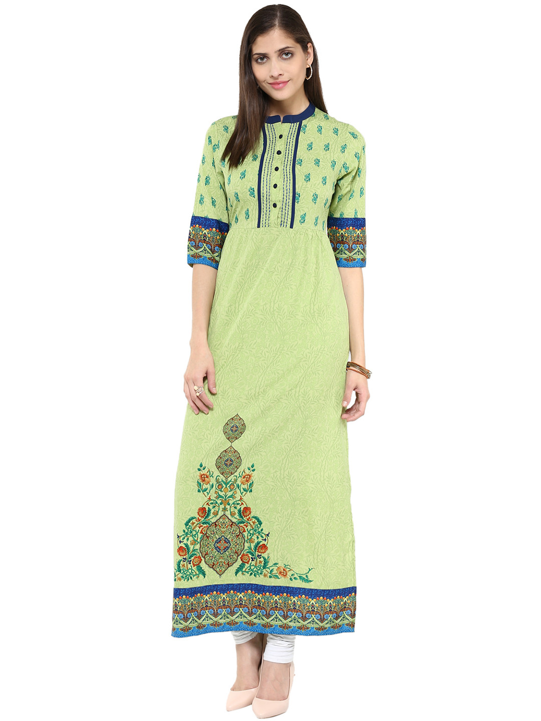 Fusion Beats Women Green Printed A-Line Kurta