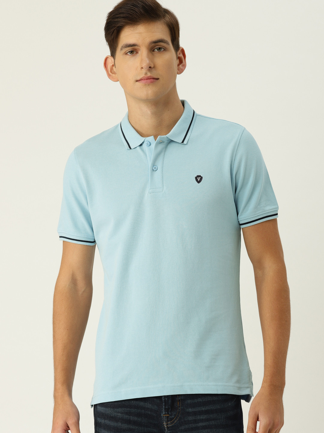 Van Heusen Sport Men Blue Solid Polo Collar Pure Cotton T-shirt
