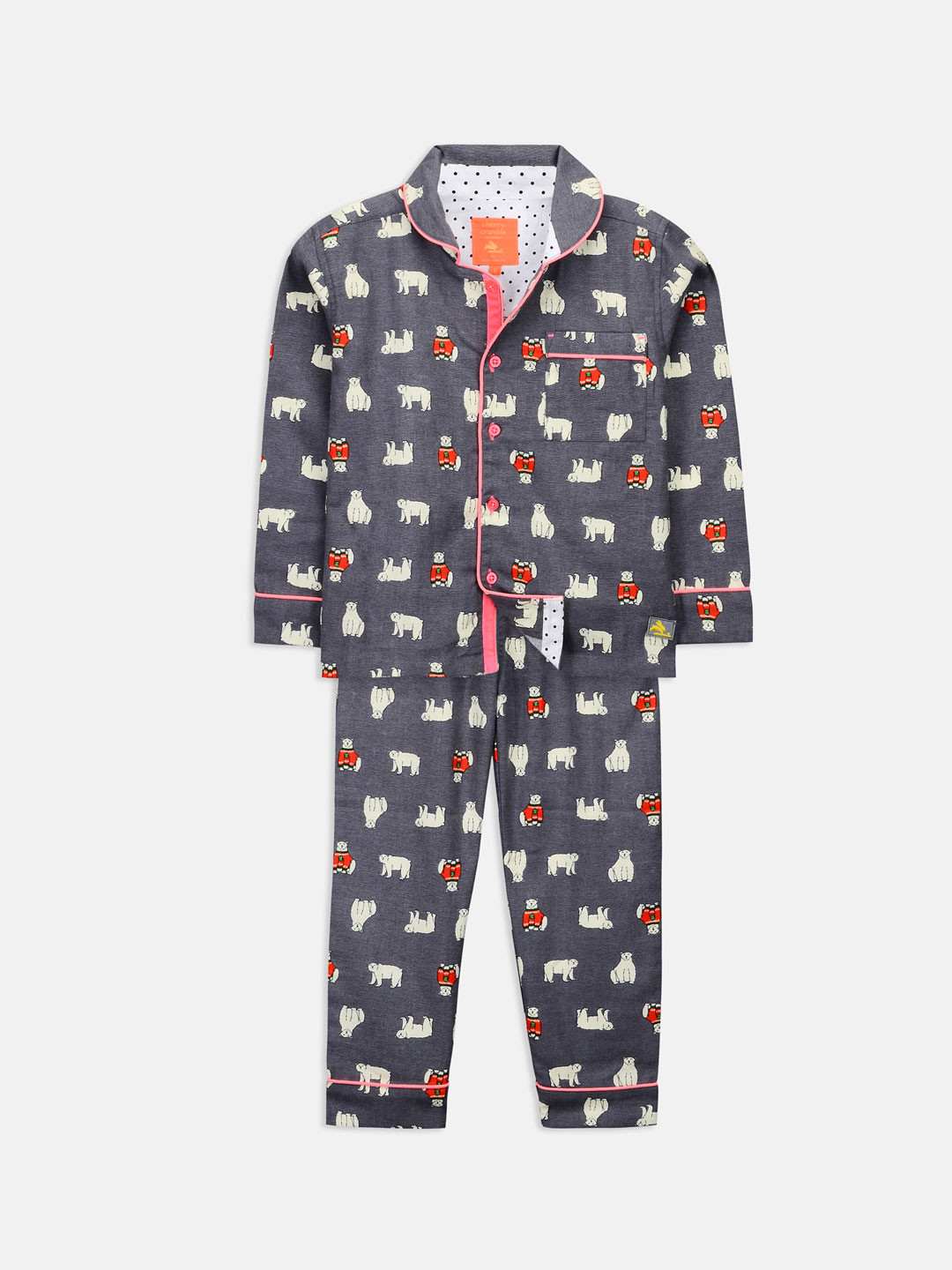 Cherry Crumble Boys and Girls Grey Printed Cozy Polarbear Nightsuit