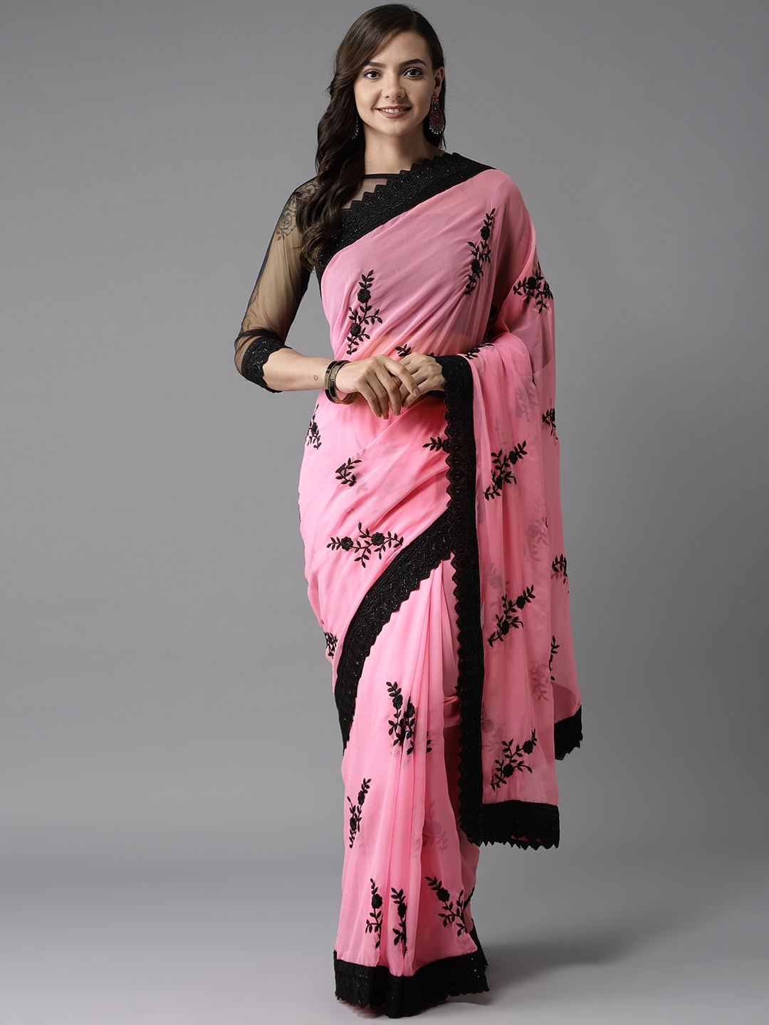 Buy MANOHARI Pink & Black Embroidered Saree - Sarees for Women ...