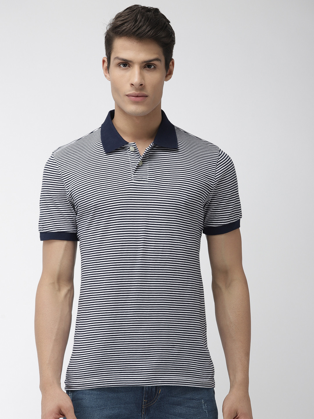 White Navy Blue Striped Polo Collar 