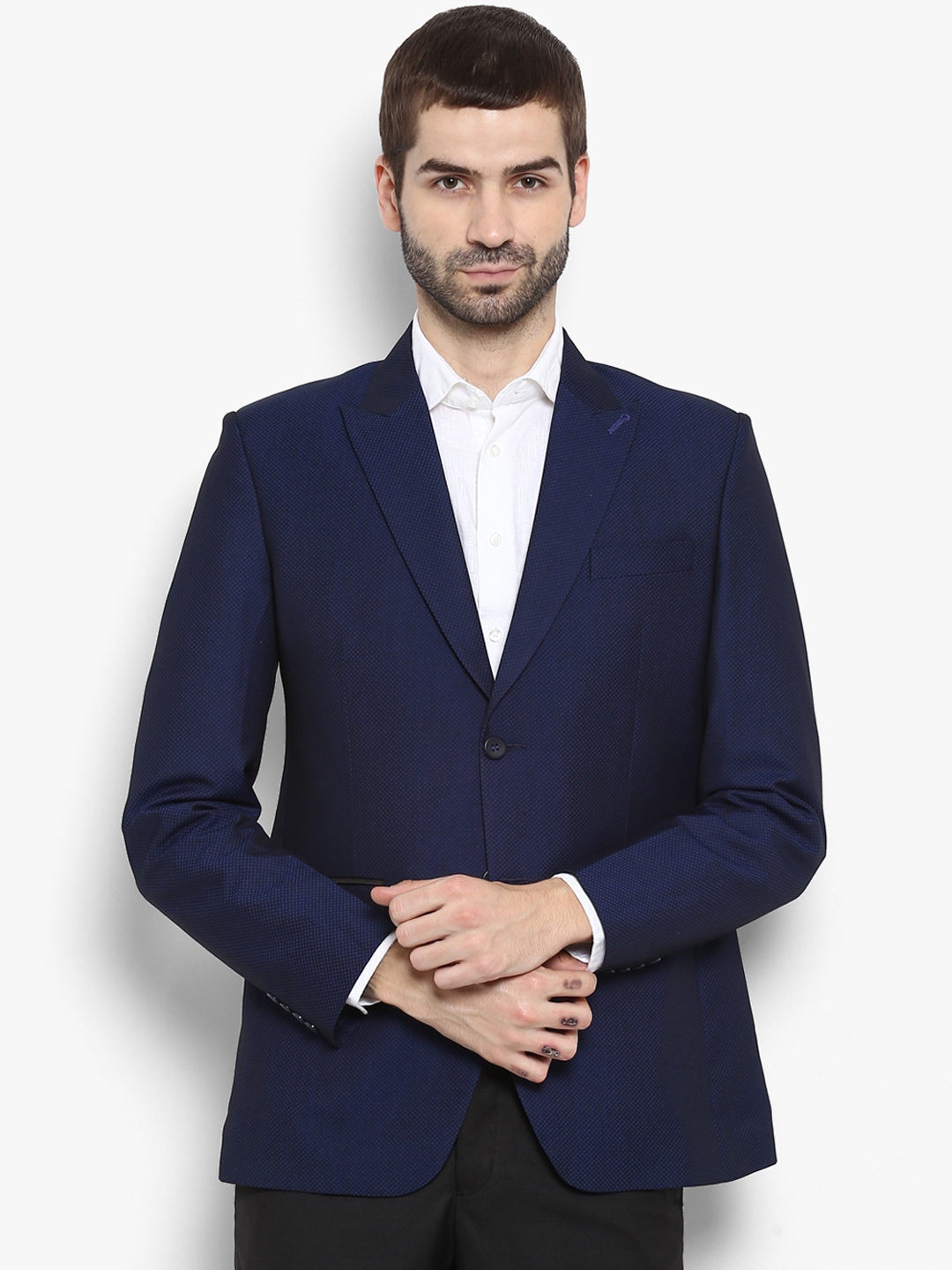 Buy Ennoble Men Navy Blue Self Design Single Breasted Formal
