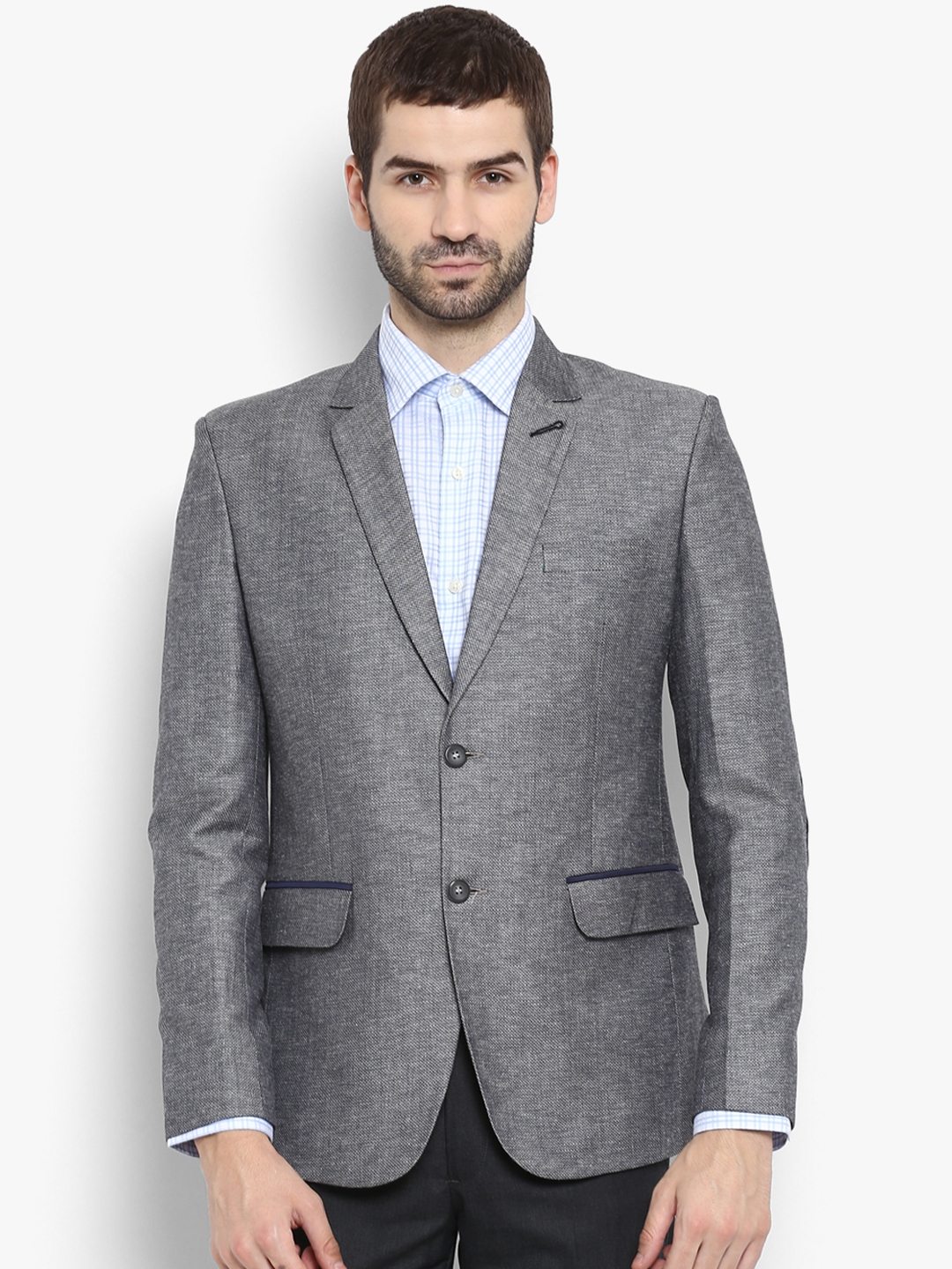 Buy Ennoble Men Grey Self Design Single Breasted Formal Blazer