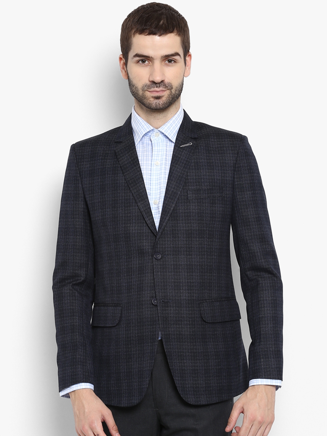 Buy Ennoble Men Navy Blue Checked Single Breasted Formal Blazer