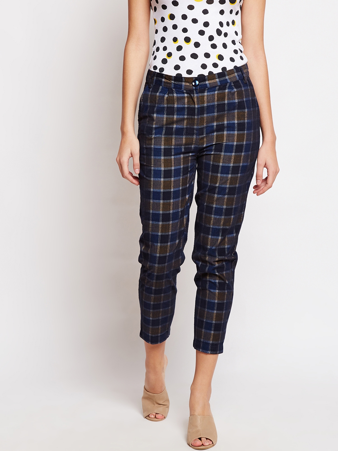 Buy Taanz Women Blue  Brown Smart Straight Fit Checked Cigarette Trousers   Trousers for Women 7668608  Myntra