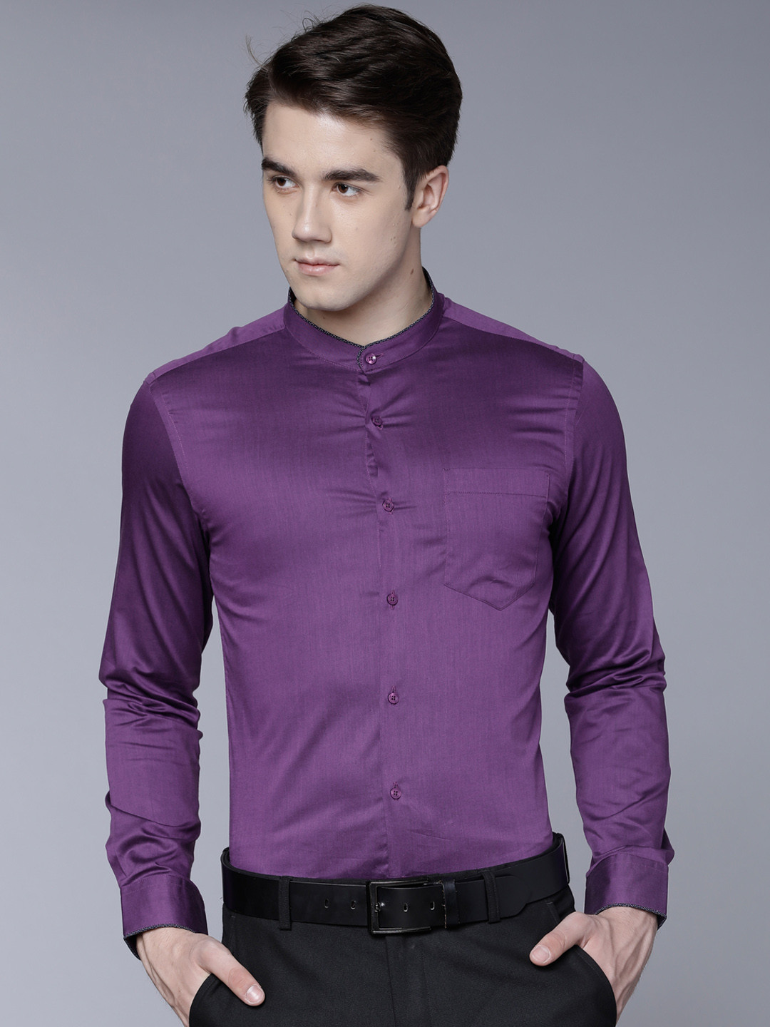 Black coffee Men Purple Slim Fit Solid Formal Shirt