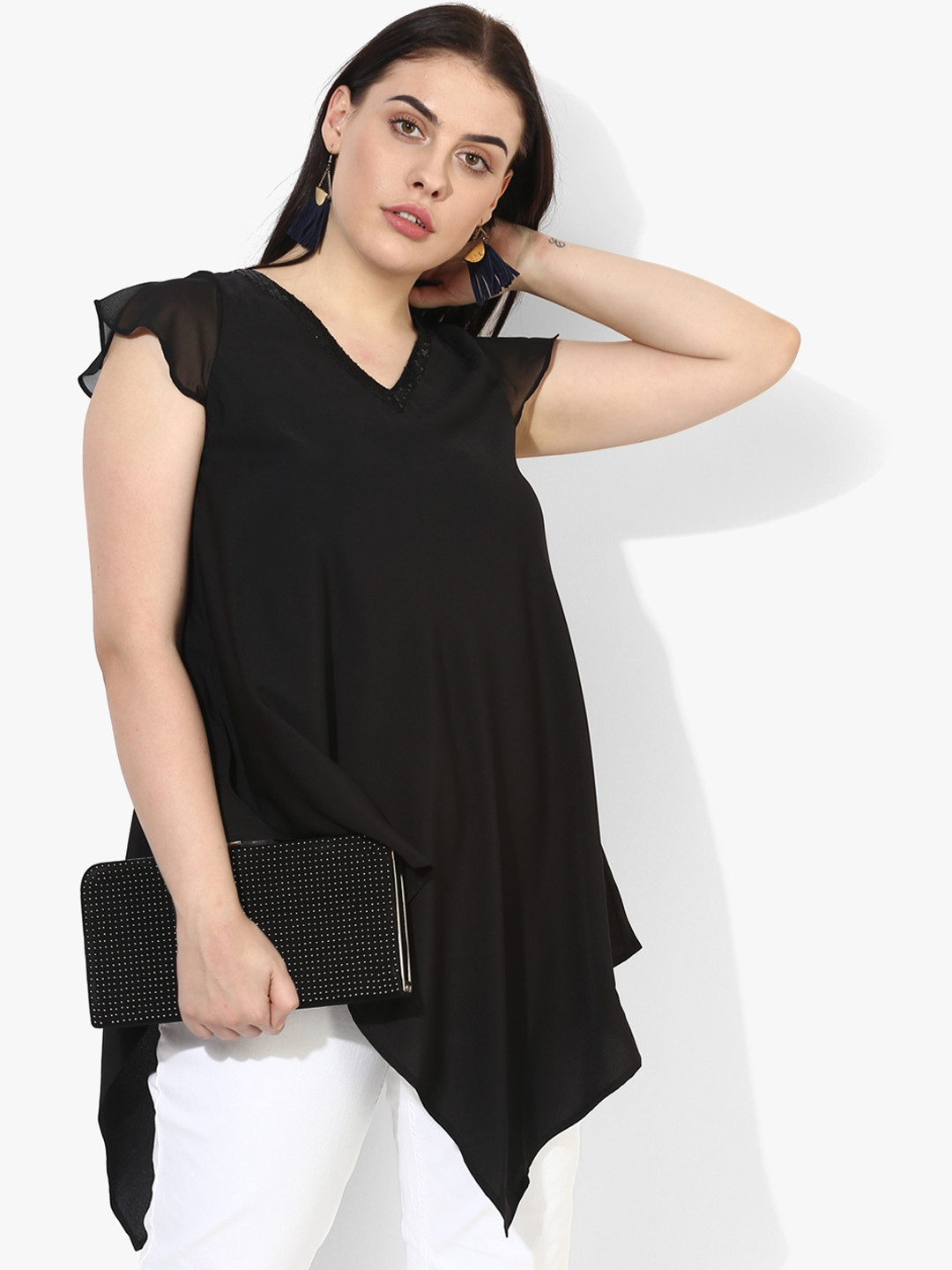 Qurvii Plus Size Black Solid Tunic