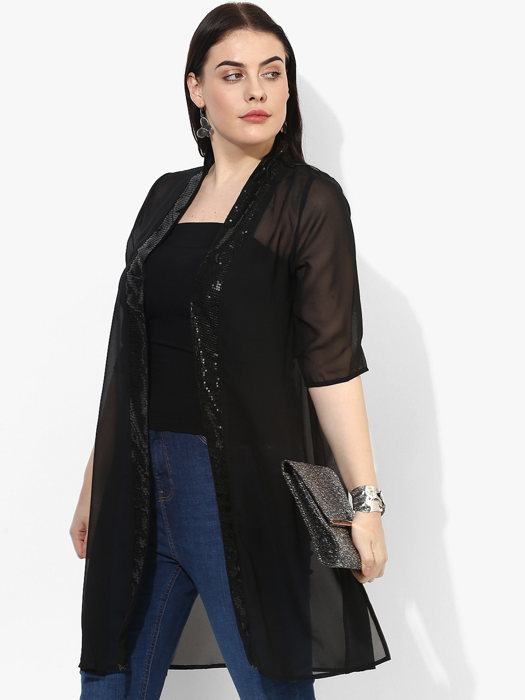 Qurvii Plus Size Black Solid Open Front Shrug