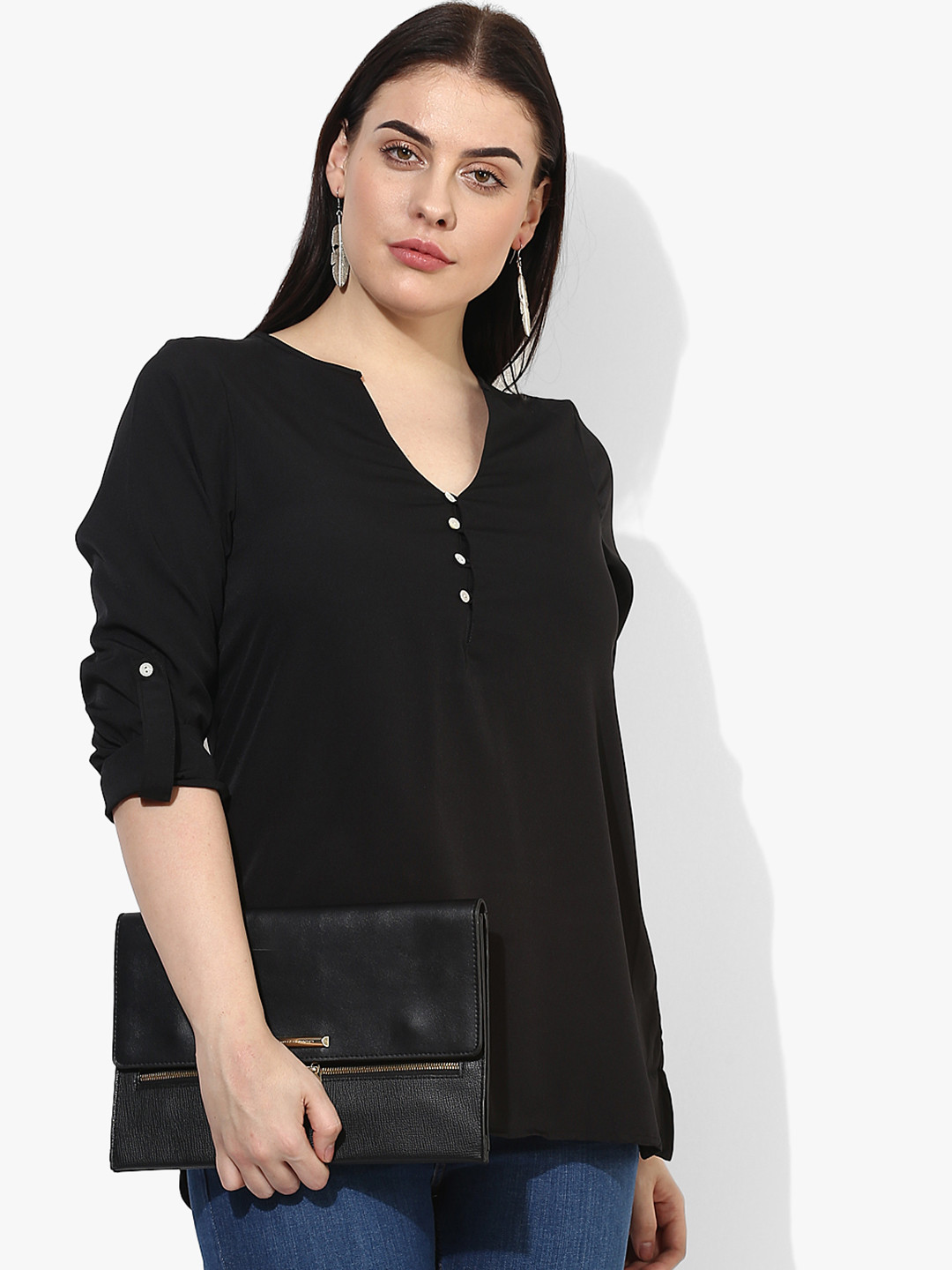 Qurvii Plus Size Black Solid Tunic