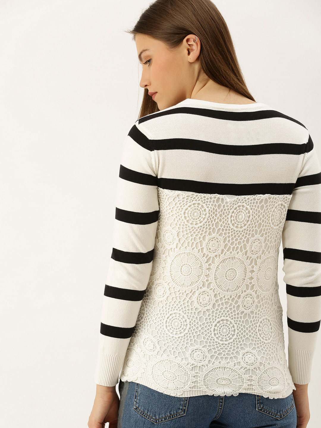 Honey by Pantaloons Women White & Black Striped Pullover Sweater With Lace Inserts