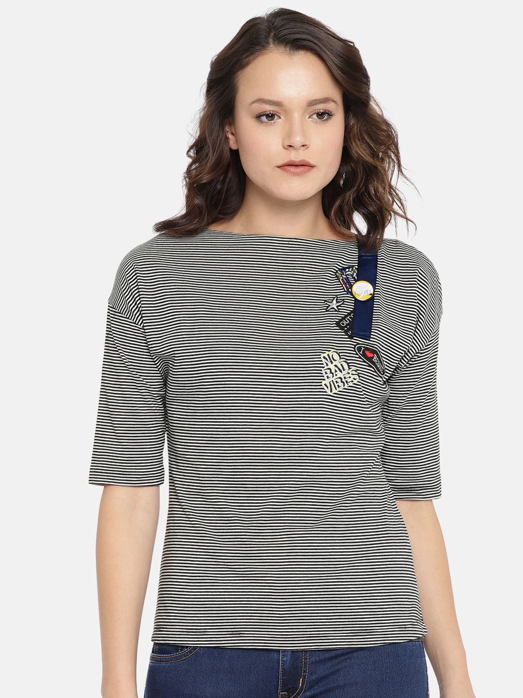 OPt Women Black & White Striped Top