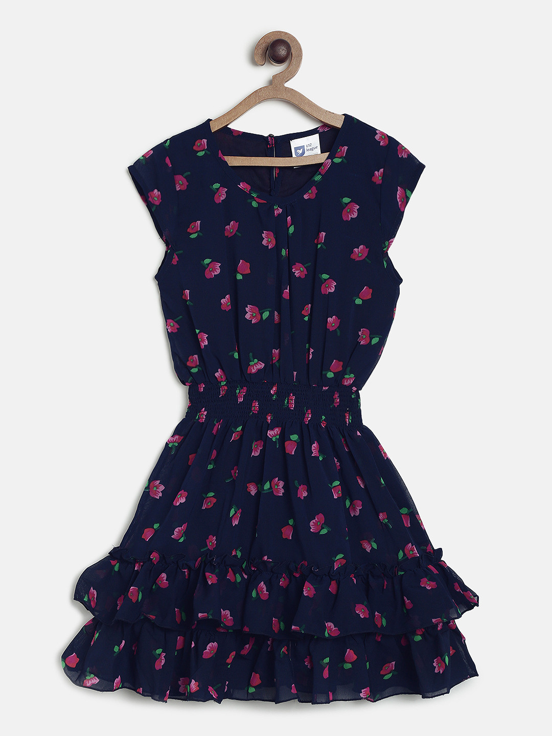 612 league Girls Navy Blue Printed Fit and Flare Dress