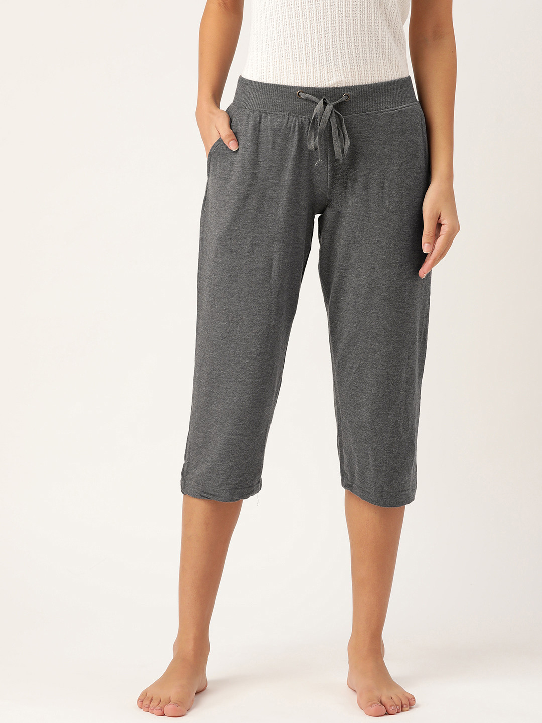 July Nightwear Women Charcoal Grey Pure Cotton Solid Lounge Capris