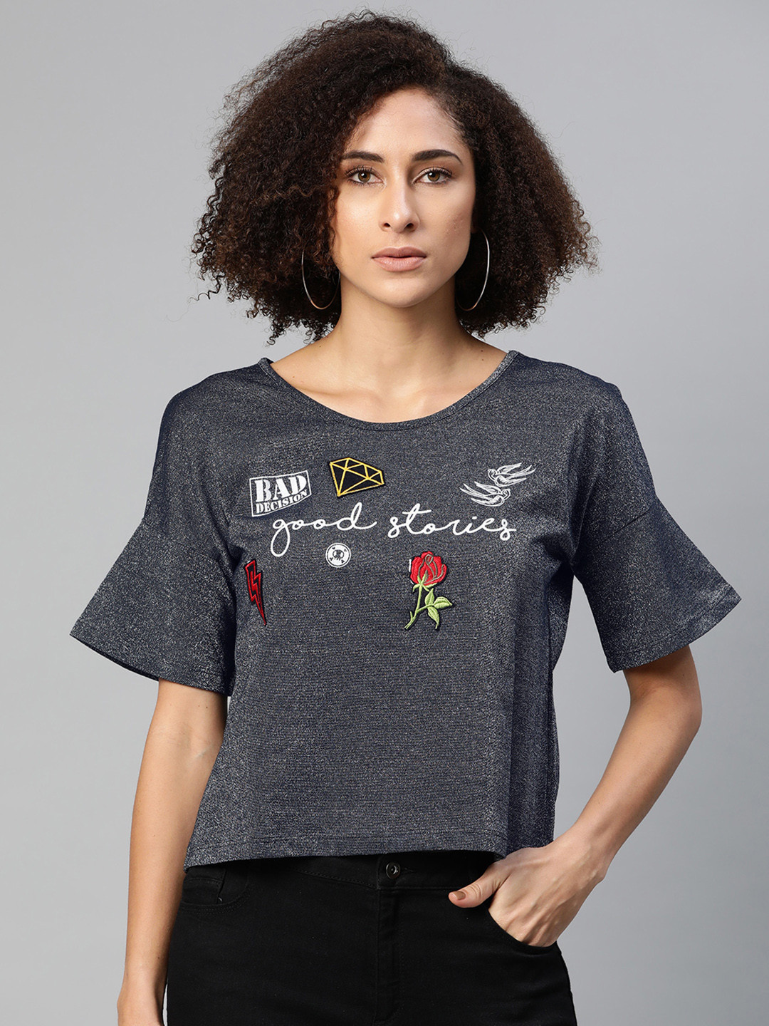 SF JEANS by Pantaloons Charcoal Grey Shimmer Flared Sleeve Applique Regular Top