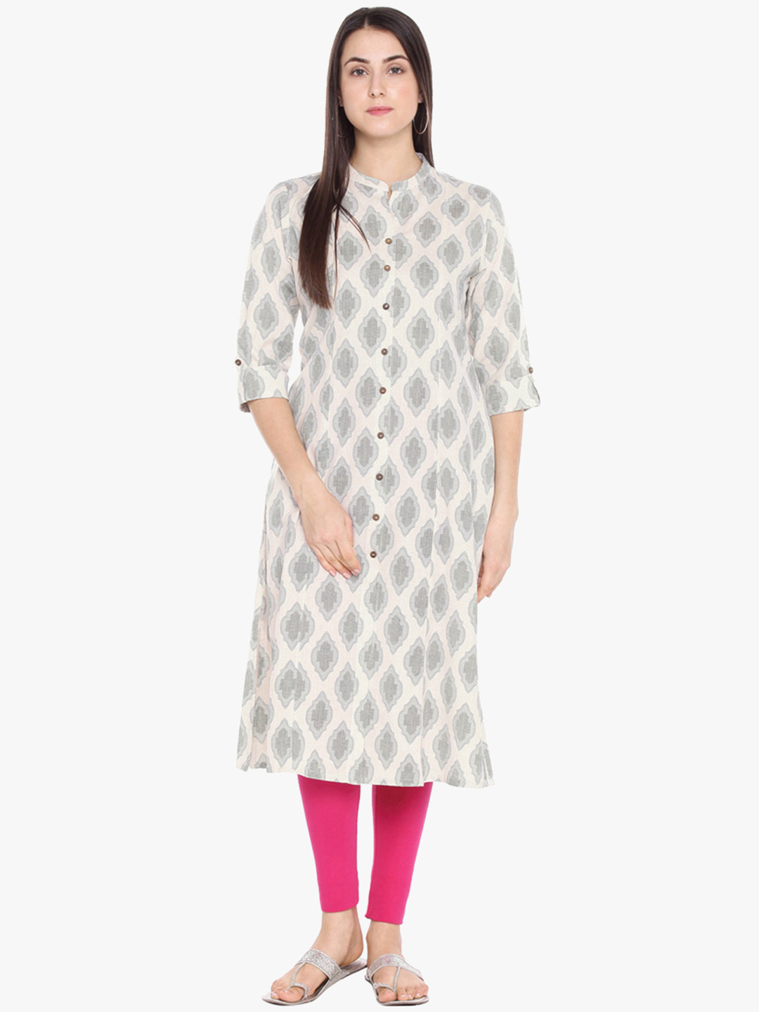 RANGMANCH BY PANTALOONS Women Off White & Blue Cotton Linen Printed Handloom Kurta