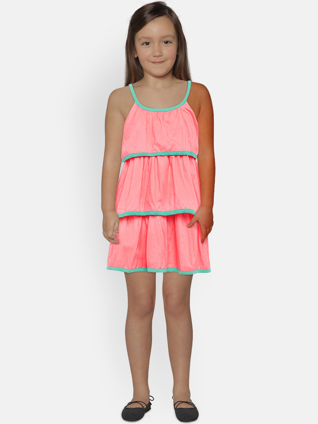 612 league Girls Peach-Coloured Solid A-Line Dress